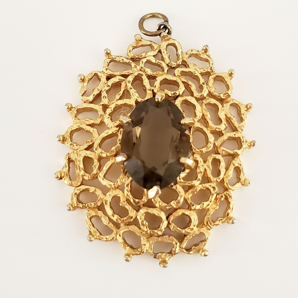Ornate Filagree Gold Bezel Pendant w/ Oval Brown Topaz Faceted Stone